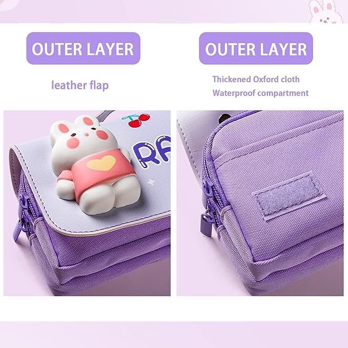 Image of Cute Rabbit Pencil Pouch for Girls | Large Capacity 3 Compartment Pencil Case | Waterproof Oxford Fabric Stationery Organizer with Handle | Kawaii Pencil Box for School Kids