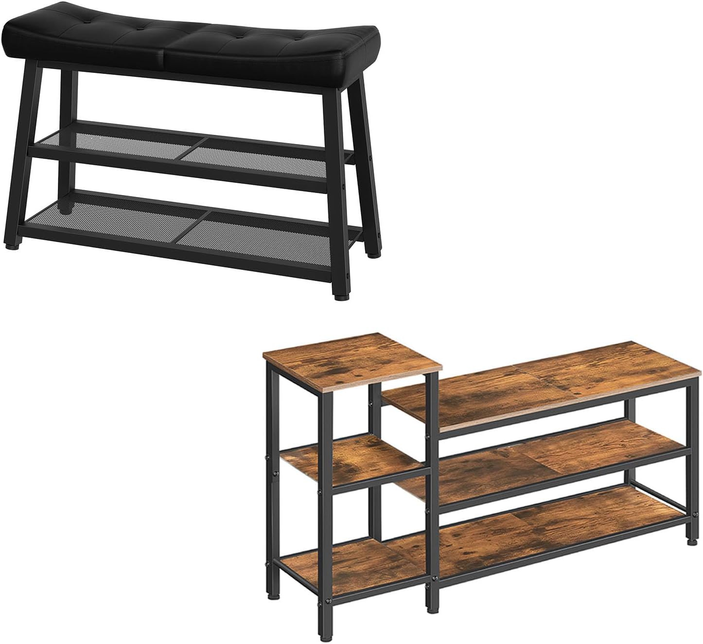 Shoe Bench and 3-Tier Shoe Rack Bench Bundle, Industrial Entryway Bench with Storage, HX02BB-HX05BR
