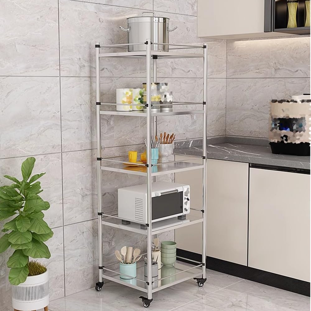 Scaffalatura a 5 ripiani in acciaio con ruote, scaffale per cucina pesante, tavolo da lavoro in metallo, per pentole e utensili da cucina (50 x 16 x 150,6 cm)