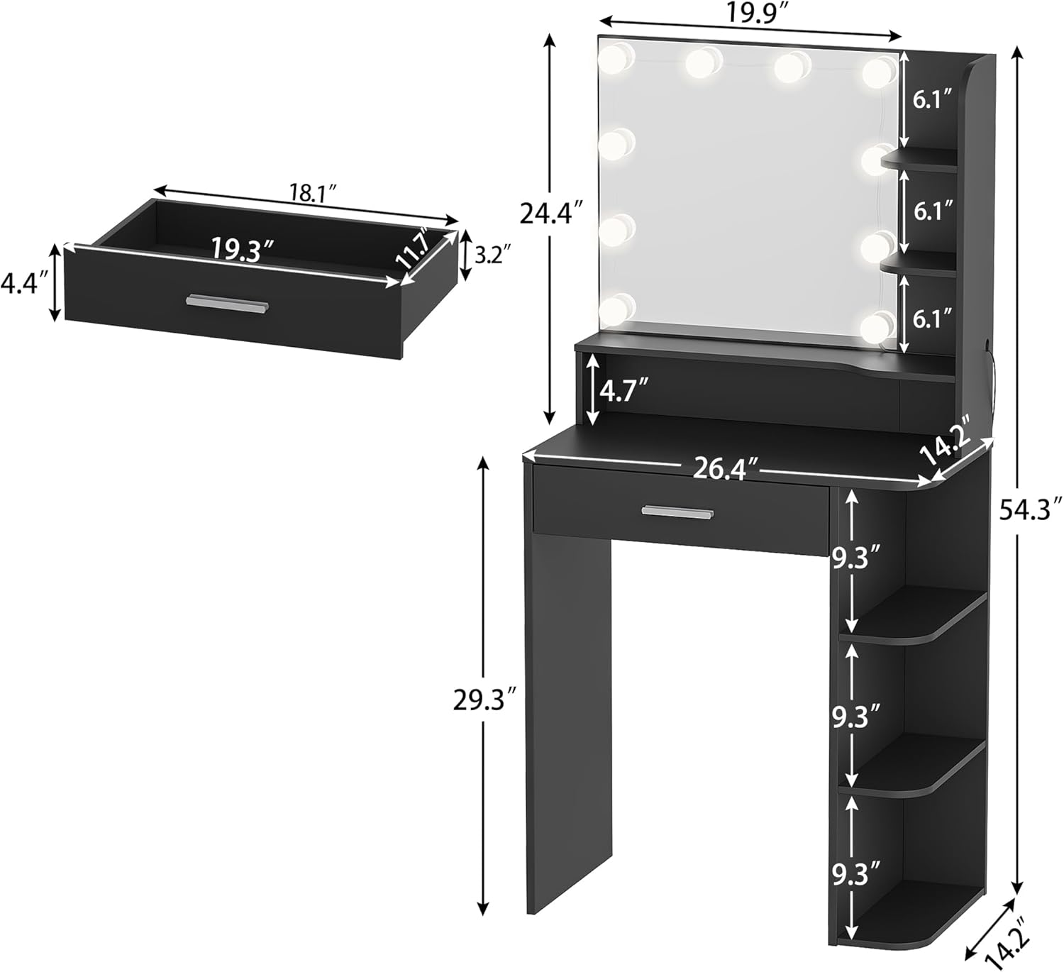 Makeup Vanity Desk with Mirror and Lights, 26.4”Small Vanity Mirror with Lights with Large Drawer and 6 Level Storage, Black Vanity with Large Led Mirror with 3 Color Lighting Modes (Black)