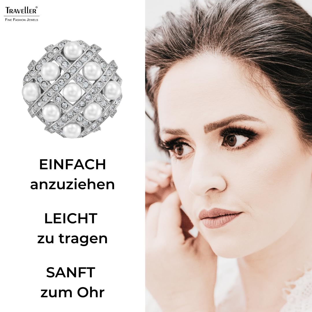 Traveller Ohrclips - Damen - Silberfarben - Perle - Ø 4mm - Weiß - Kristalle - Platiniert - 22x22mm - 114358