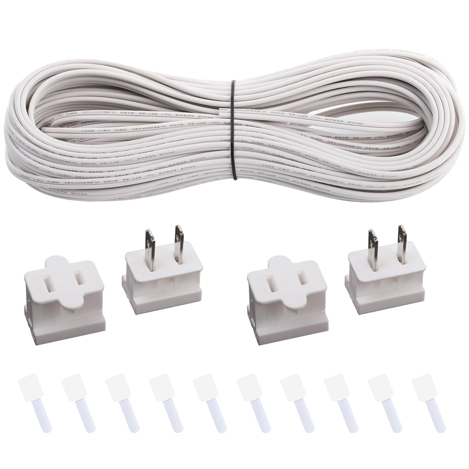 Erlandens SPT-1 Wire 50FT Electrical Wire 18-Gauge 2-Conductor Wire Hookup Stranded Copper Wire Extension Cable with 4 Vampire Plugs 10 Velcro Cable Ties, White