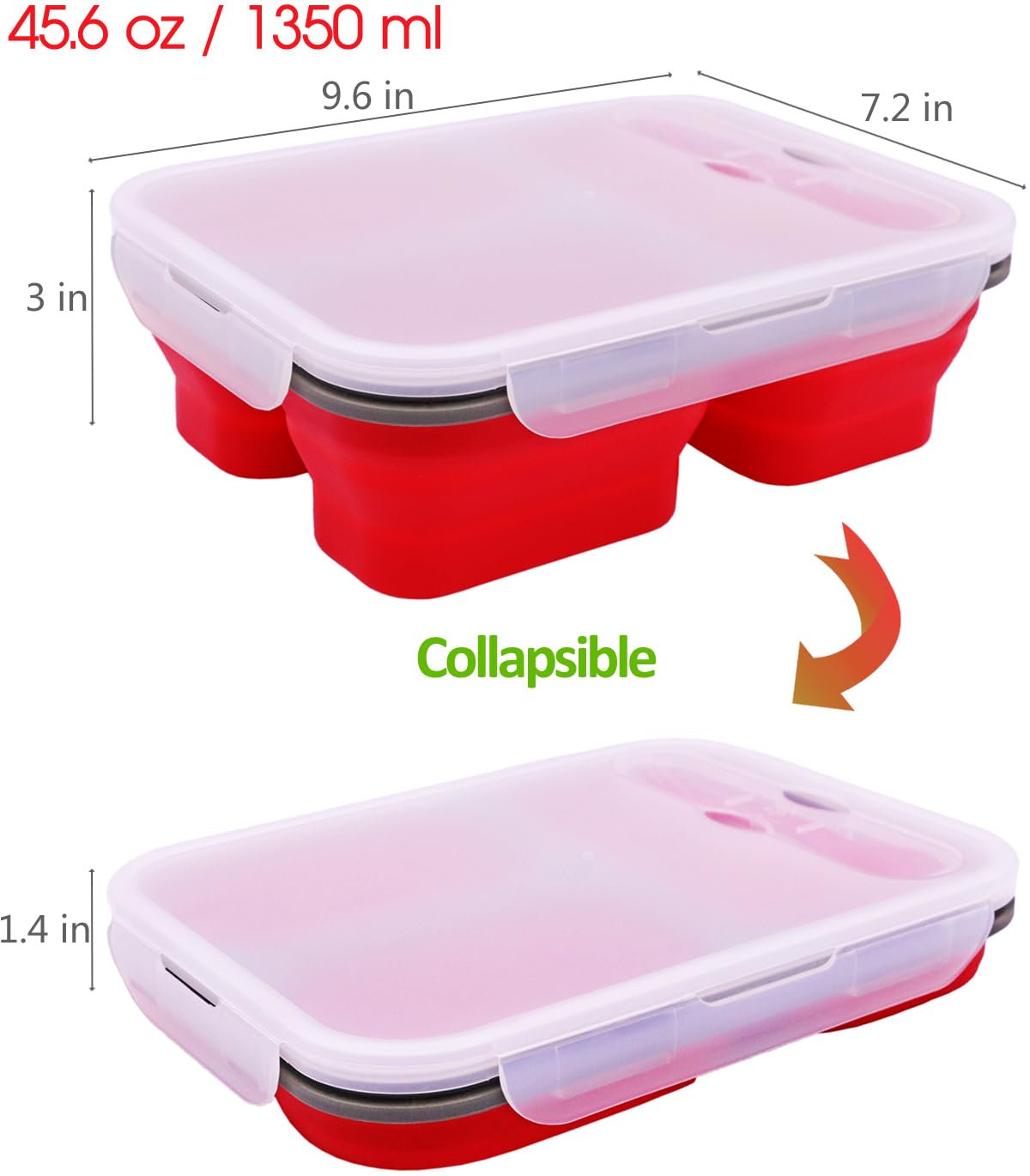 FUSMYE 2 Pack Big Size Collapsible Silicone Bento Lunch Boxes With Lids,3 Compartments Lunch Food Storage Containers, Safe in Microwave, Dishwasher and Freezer, 45.6oz, BPA Free