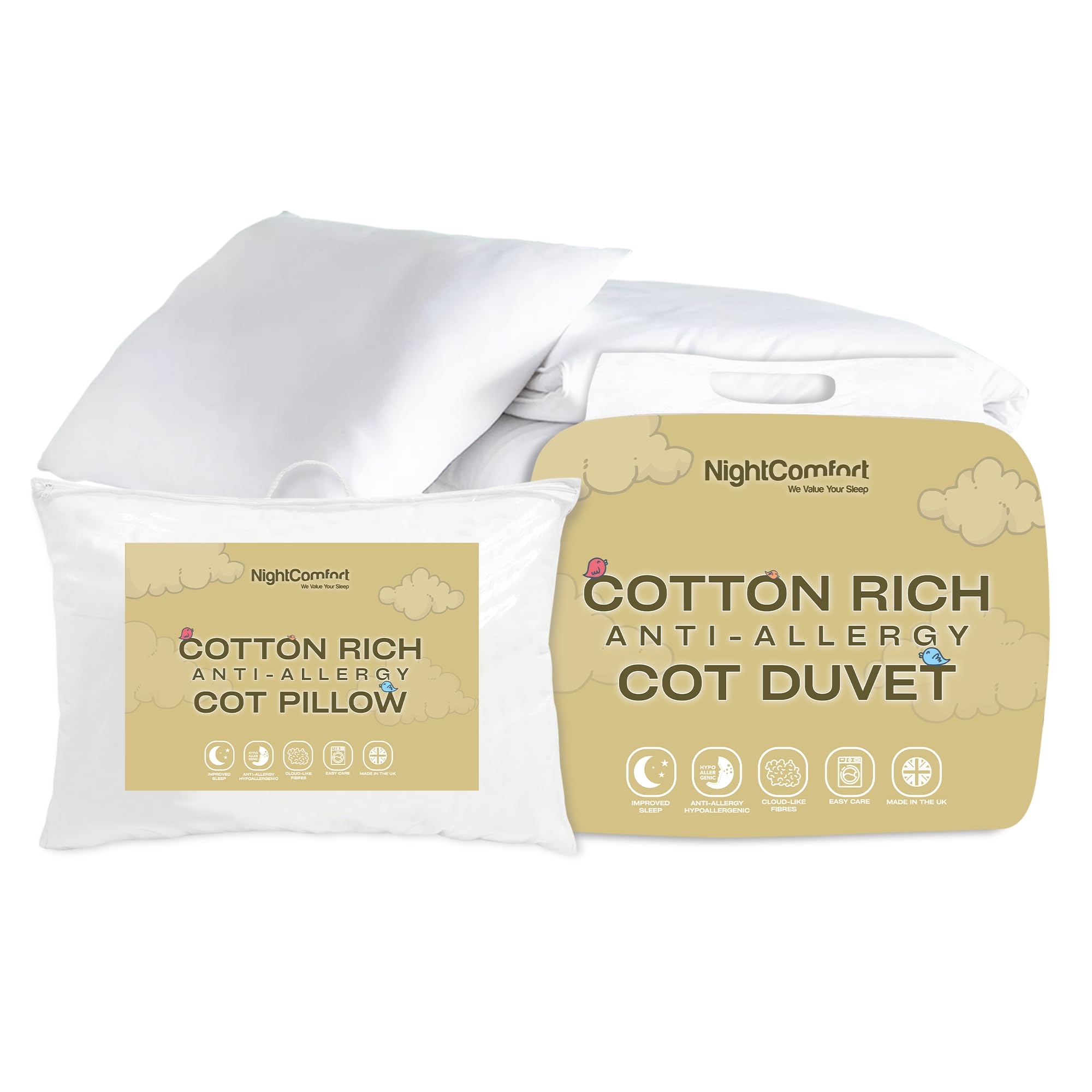 Night Comfort Luxury 7.5 Tog Polycotton Cotbed Duvet and Pillow Set for Newborns, Toddler, Kids - Soft and Cosy Polycotton Quilt Comforter and Pillow Kit for Junior Crib Cot Bed