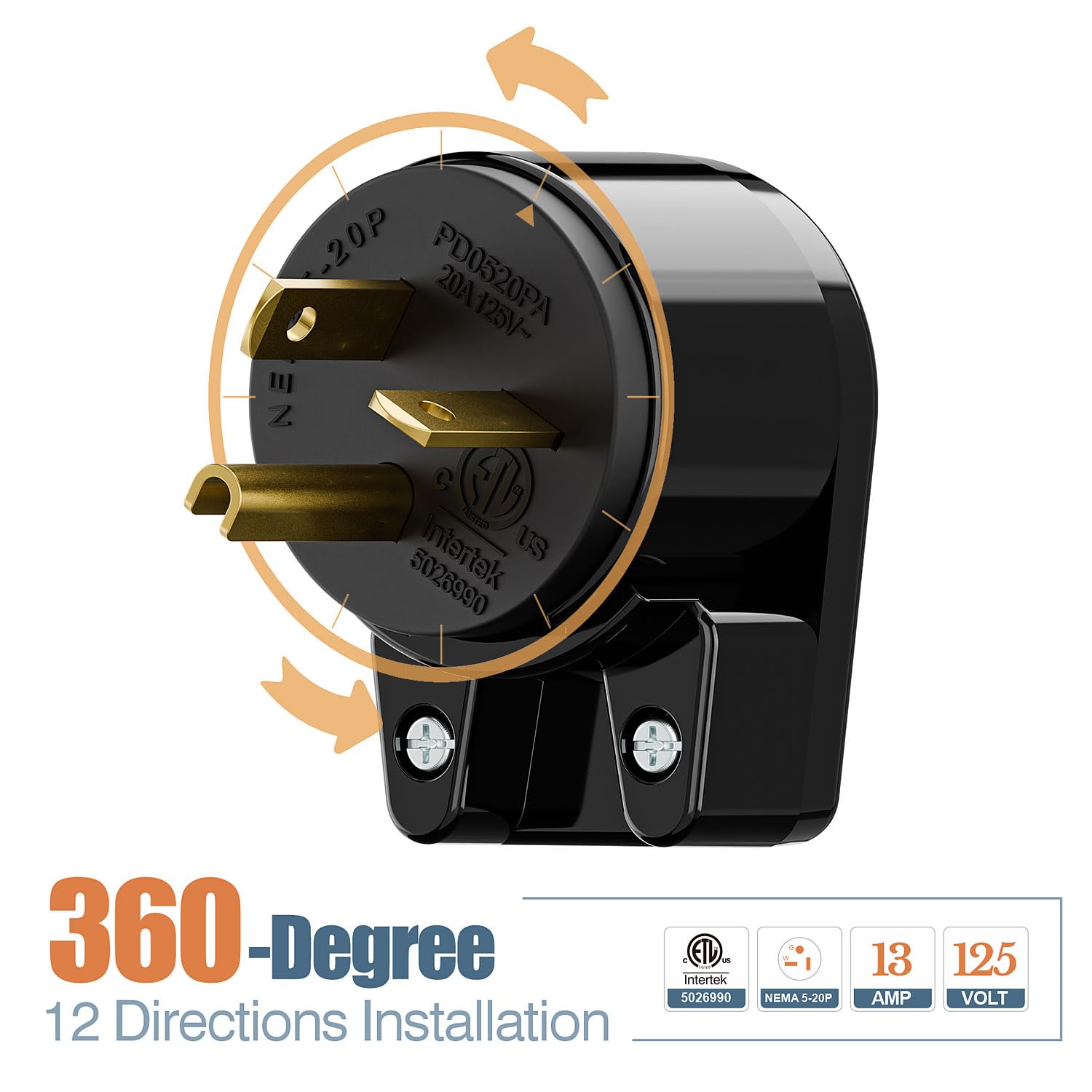 Angled NEMA 5-20P Plug, WINXUS Rotatable 5-20P Replacement Plug