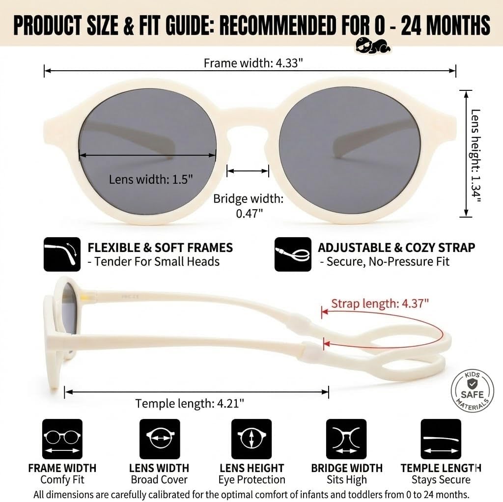 COASION Baby Polarized Sunglasses with Strap Adjustable TPEE Flexible Frame for Toddler Girls Boys Age 0-36 Months