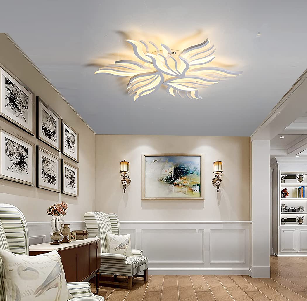 Plafondlamp Modern Interieur Grote LED Woonkamer Verlichting Dimbare Slaapkamer Bloem Plafondlamp Met Afstandsbediening Eetkamer Eettafel Voor Landhuis Keukens Badkamer,Wit,15 Flames
