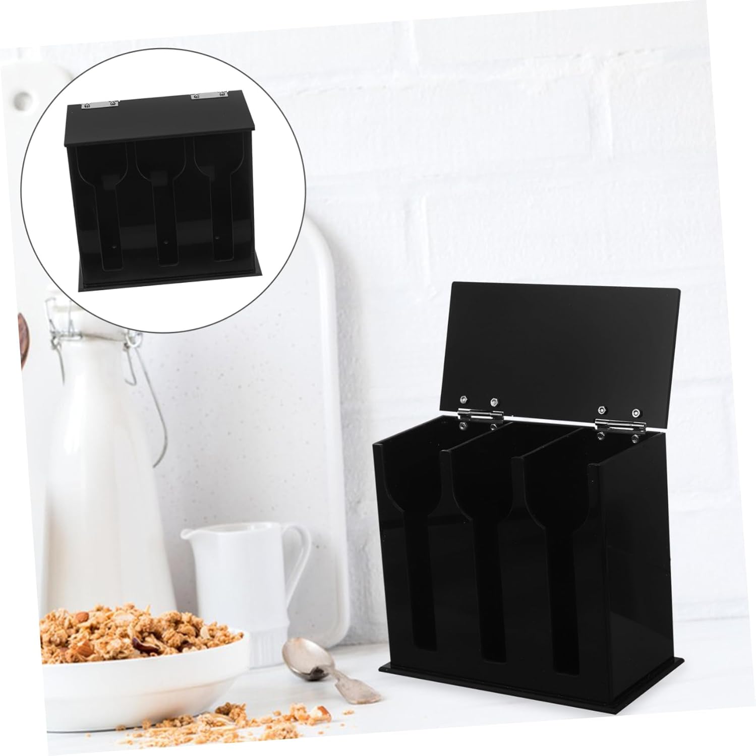 3-Compartment Acrylic Utensil Dispenser Dual Color Kitchen Spoon Organizer for Cutlery Storage Large Capacity Table Cutlery Holder for Restaurants and Buffets Black