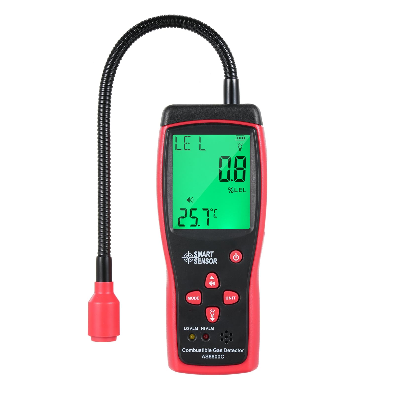 Ręczny wykrywacz nieszczelności gazów palnych i tester gazu ziemnego SMART SENSOR z elastyczną sondą 278 mm, podświetlanym kolorowym wyświetlaczem LCD, pomiarem temperatury i