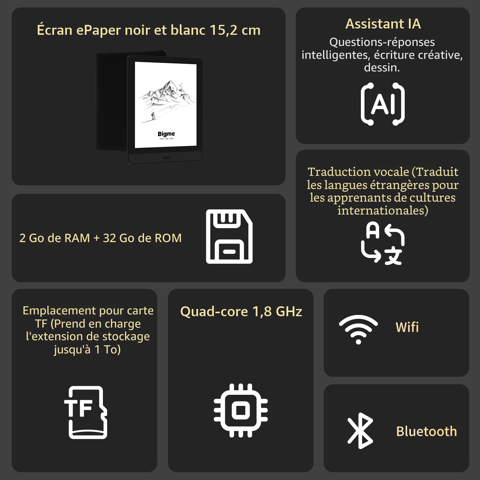 Bigme Liseuse électronique, écran E-Ink de 15,24 cm, 10 outils de lecture, Quad-Core 1,8 GHz, Wi-Fi, Bluetooth, extension de mémoire de 1 To, noir