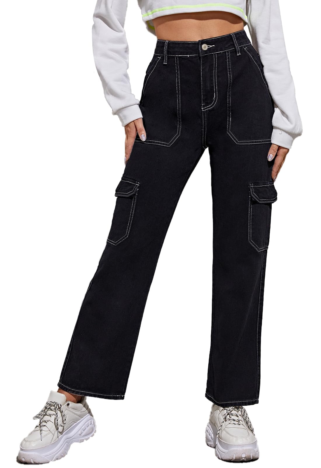 Metietila Women's High Waisted Cargo Jeans Stretch Wide Leg Denim Pants Trendy