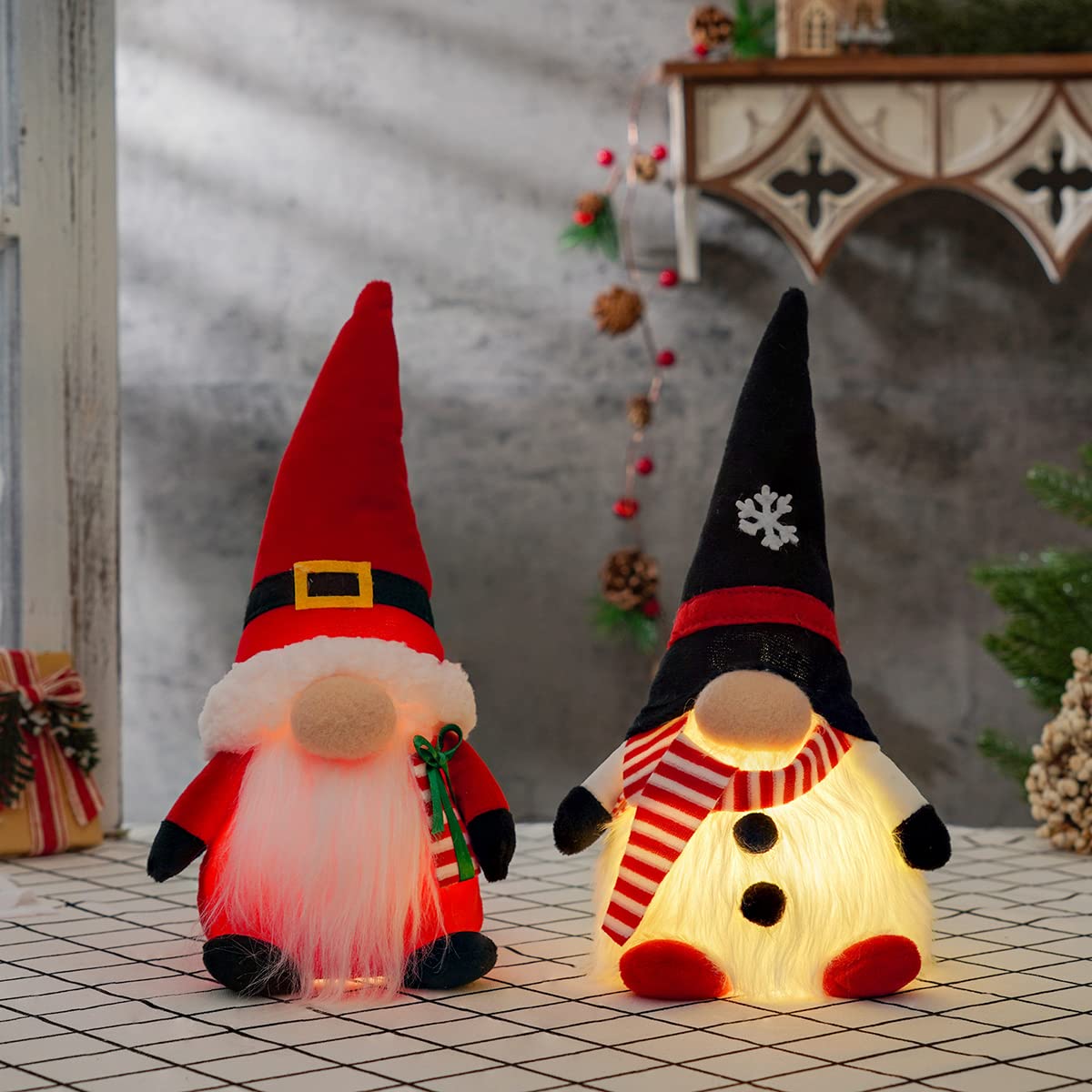 GMOEGEFTChristmas Gnomes Lighted Set of 2 Santa & Snowman Gnome Nisse Figurine Nordic Tomte Scandinavian Light up Holiday Party Home Decorations