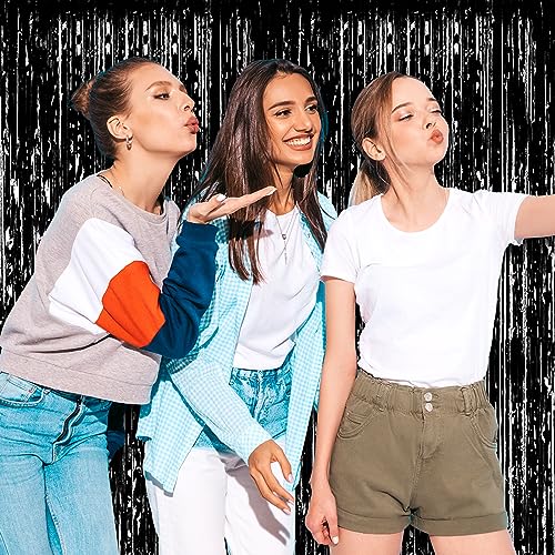 Image of 3 Pack Black Foil Fringe Curtain Backdrop, 3.28Ft x 9.8Ft Metallic Tinsel Foil Fringe Streamer Curtains for Photo Booth, Christmas Day, Thanksgiving, Wedding, New Year Party Decorations