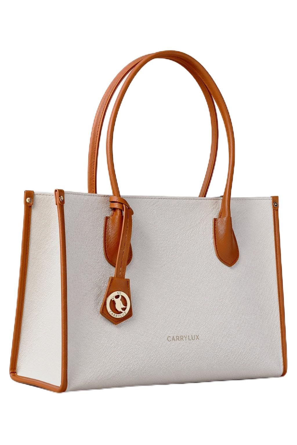 Women's Soft & Lightweight Tote Bag | Handbag | 14-inch Laptop Space | Off-White & Tan-image-48