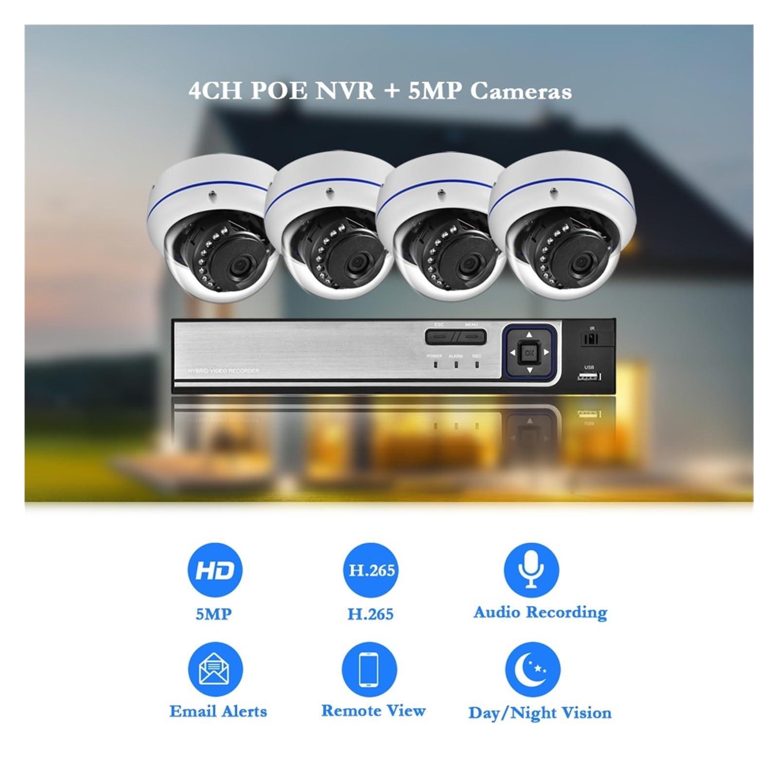 Kamera bezpieczeństwa, POE intelintna kamera monitorująca kamera IP NVR System bezpieczeństwa zestaw do nadzoru wideo CCTV H.265 + 48V 4POE wykrywanie ruchu(2T,4CH NVR and 4PCS 2MP)