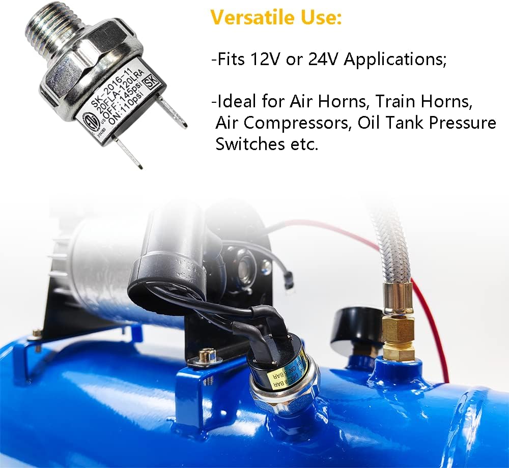 Air Pressure Switch 110-145 PSI Tank Mount Type Thread 1/4" NPT 12V 24V DC Air Compressor Pressure Switch for Air Train Horn 110-145 1/4 inch