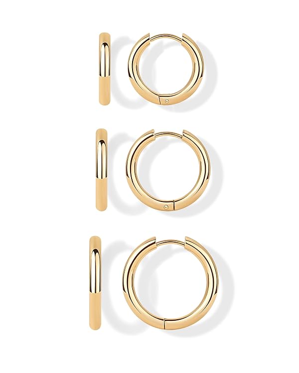 PAVOI Waterproof Thin Hoop Earrings Set - 14K Yellow Gold Plated Pack of 3 Stainless Steel Gold Hoop Earrings for Women - Multiple Piercing Lightweight - Dainty Trendy Fashion Jewelry by PAVOI - Used condition - US$19.01