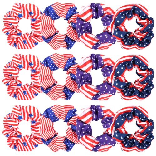 AMCAMI 4th of July Silk Satin Scrunchies for Women Girls 12 PCS Patriotic American Flag Elastic Scrunchies Red White Blue Silk Satin Hair Ties for Thick Hair Independence Day Hair Ties Accessories