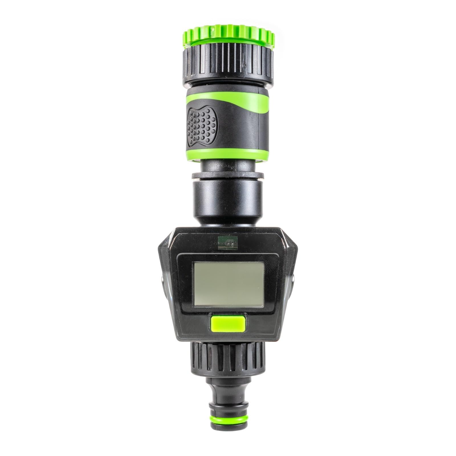 Garden Hose Water Flow Meter Digital - Water Usage Monitor LCD L/min G/min - 3/4 and 1 Inch BSP Tap Inlet Reducer - Push Fit Hose Connector - CR2032 - Black Green