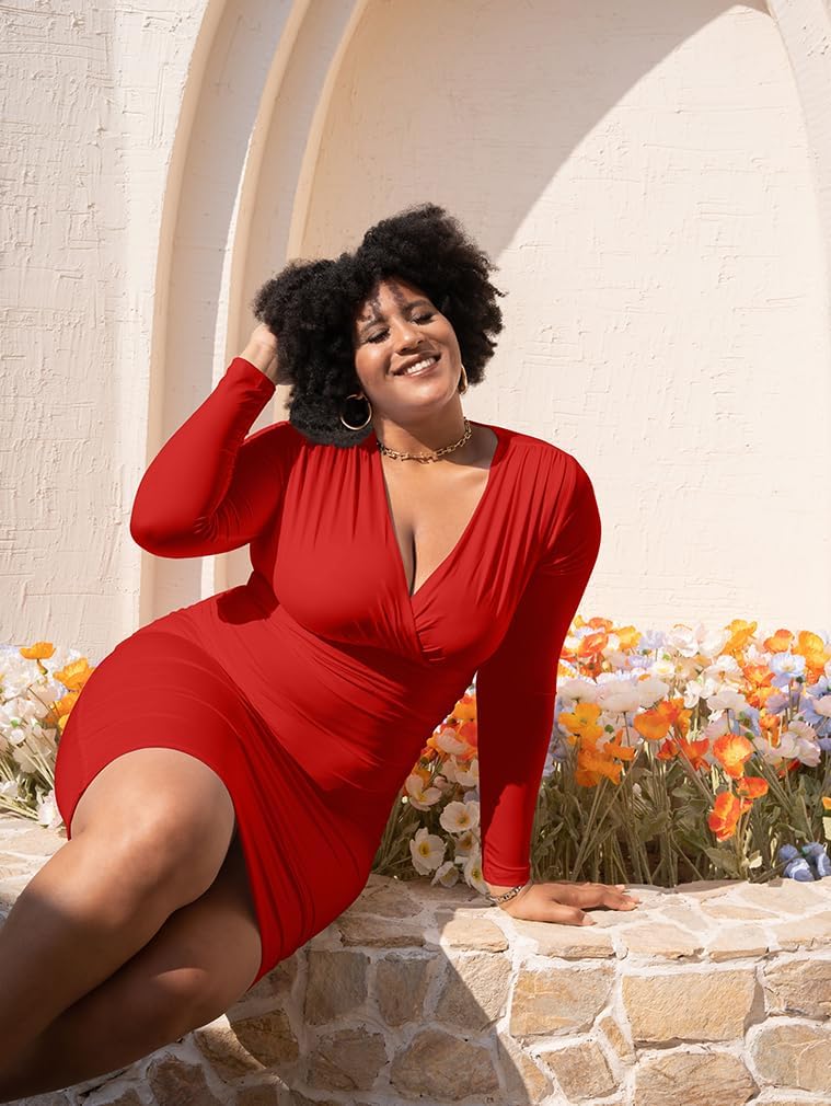 BEAGIMEG Women's Sexy Bodycon Long Sleeve Ruched Deep V Neck Solid Party Club Midi Dress - Image 7