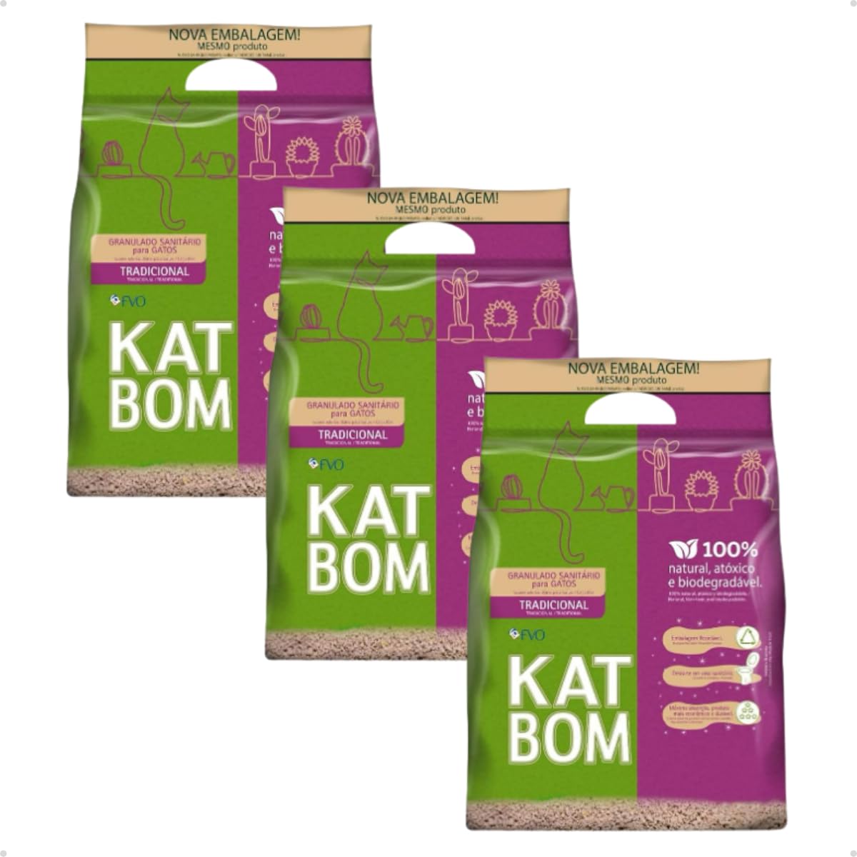 Kit 3 Areia Sanitária Higiênica Granulado para Gatos Natural Biodegradável Premium Katbom