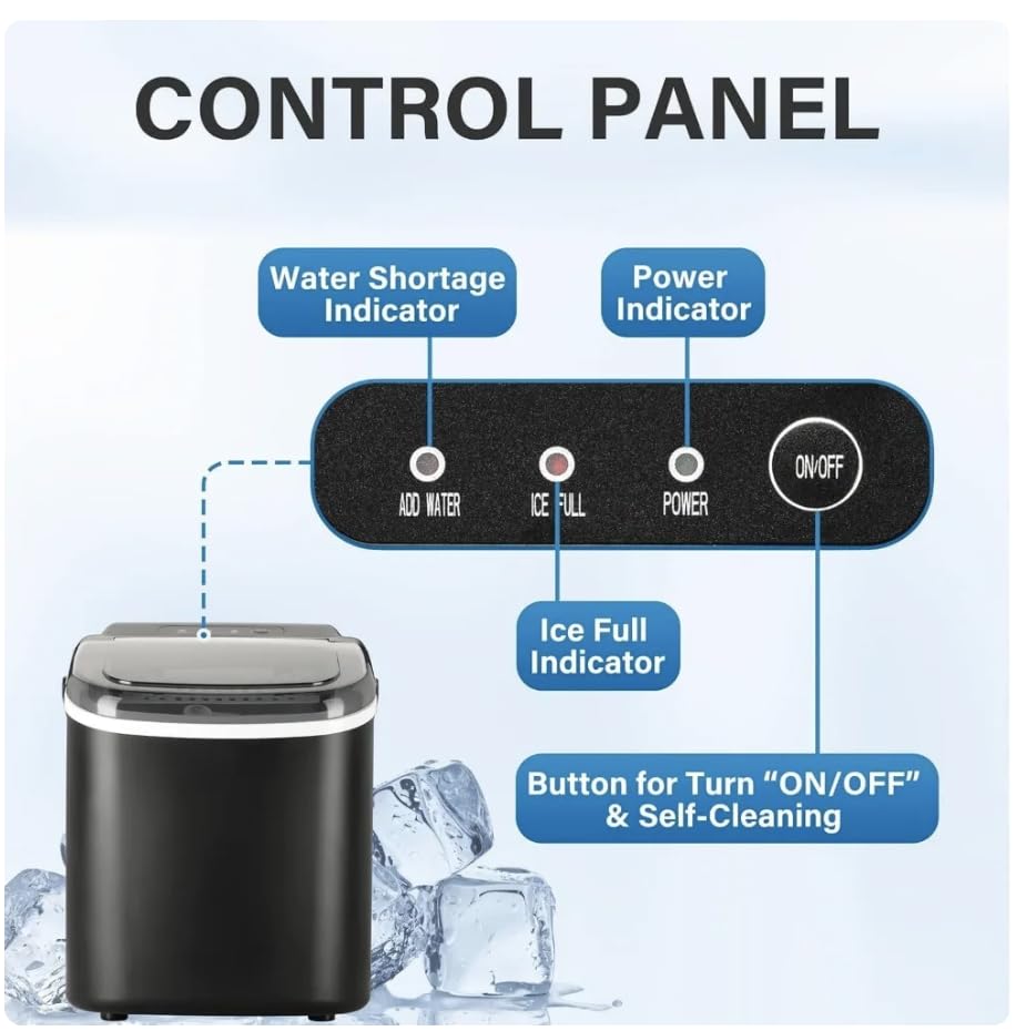 Generic Ice Maker for Countertop, 9 ice Cubes Ready in 6 Minutes, 26lb ice/24hr, self-Clean ice Machine with Plastic Spoon and Basket