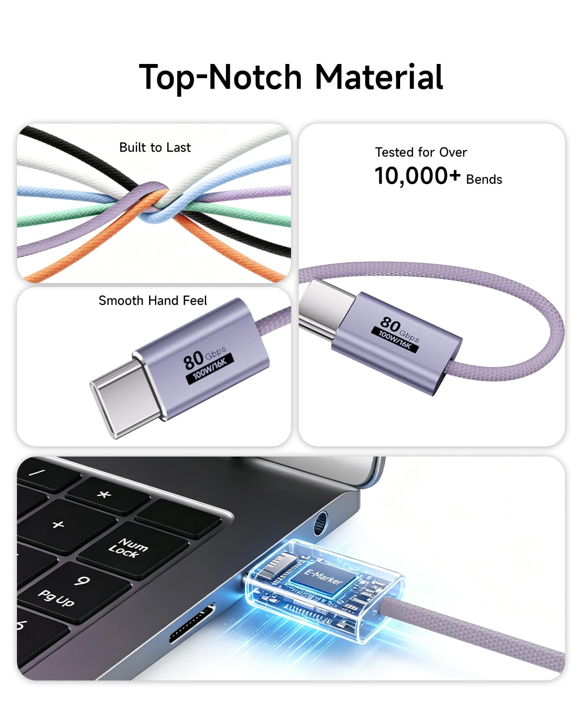 Fioletowy, 2 sztuki kabla USB typu C 80 GB/s, kompatybilny z Thunderbolt 5/4/3, elastyczny kabel USB C 100 W, 16K, 8K, 4K, do monitora, tabletu, dokowania, wyświetlacza, laptopów, dysków SSD