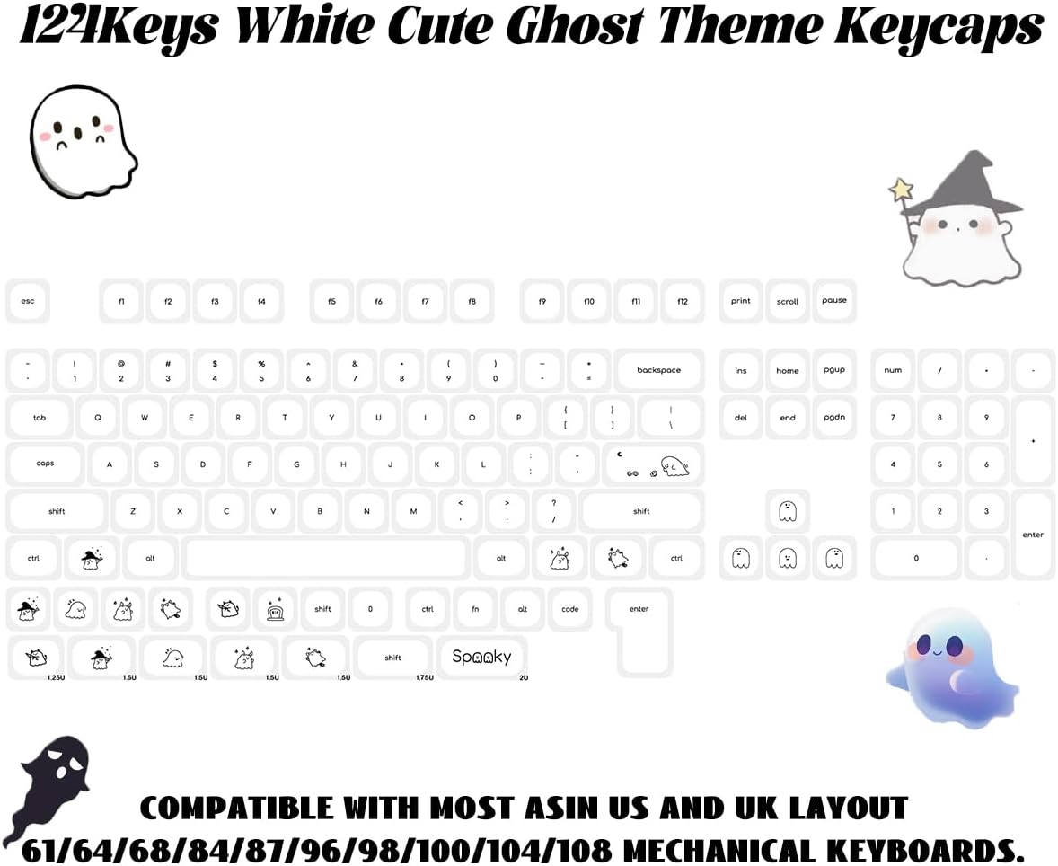 Gliging MOA Profile Keycaps, White Minimalist Keycaps, 124 Keys Cute Ghost Themed Keycap Set, Custom Dye-Sublimation Key Cap for Cherry MX Switches Mechanical Keyboard (White)
