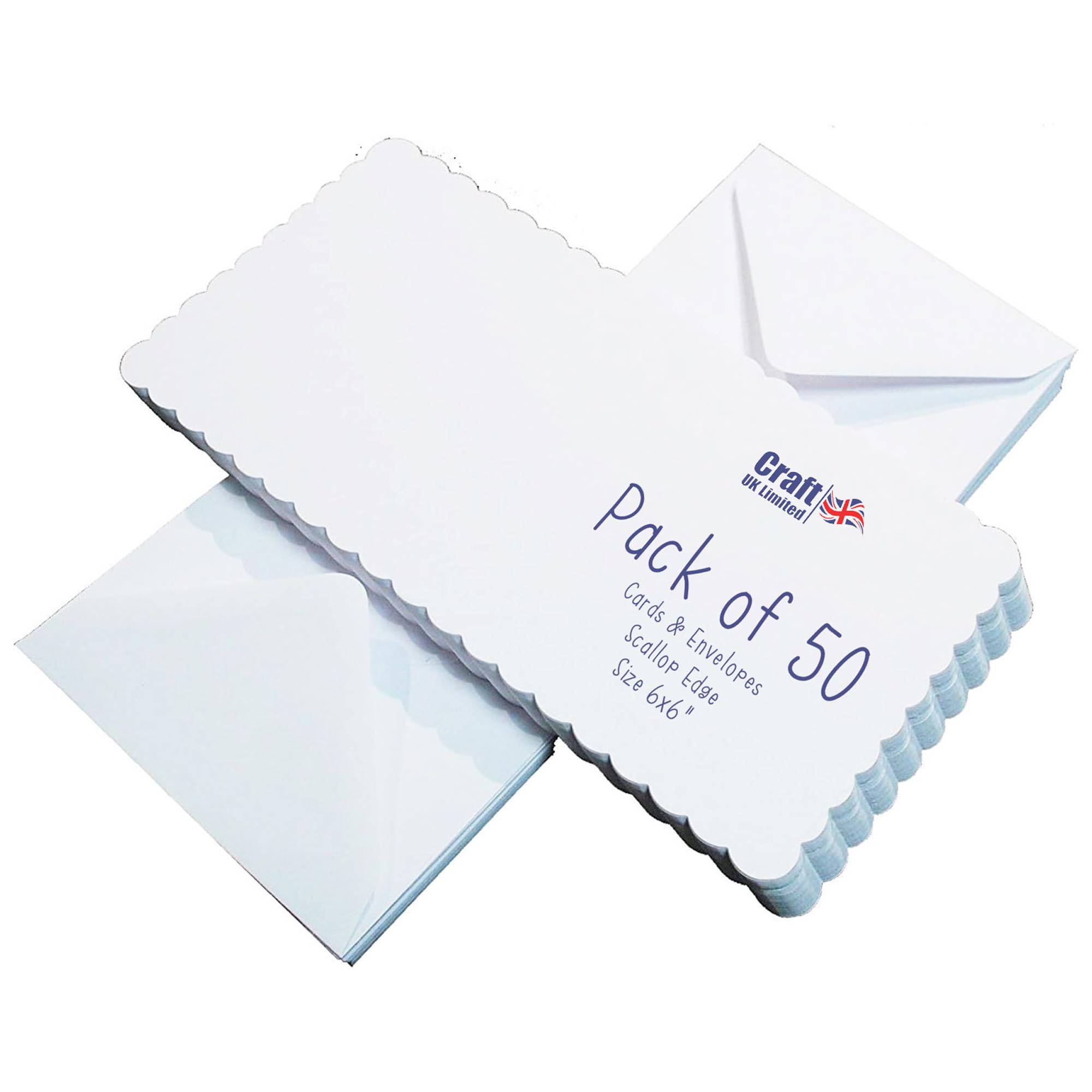 Crafts UK 50 Scalloped Cards and Envelopes, White, 6 x6-Inch, 25 x 55 mm 385 836