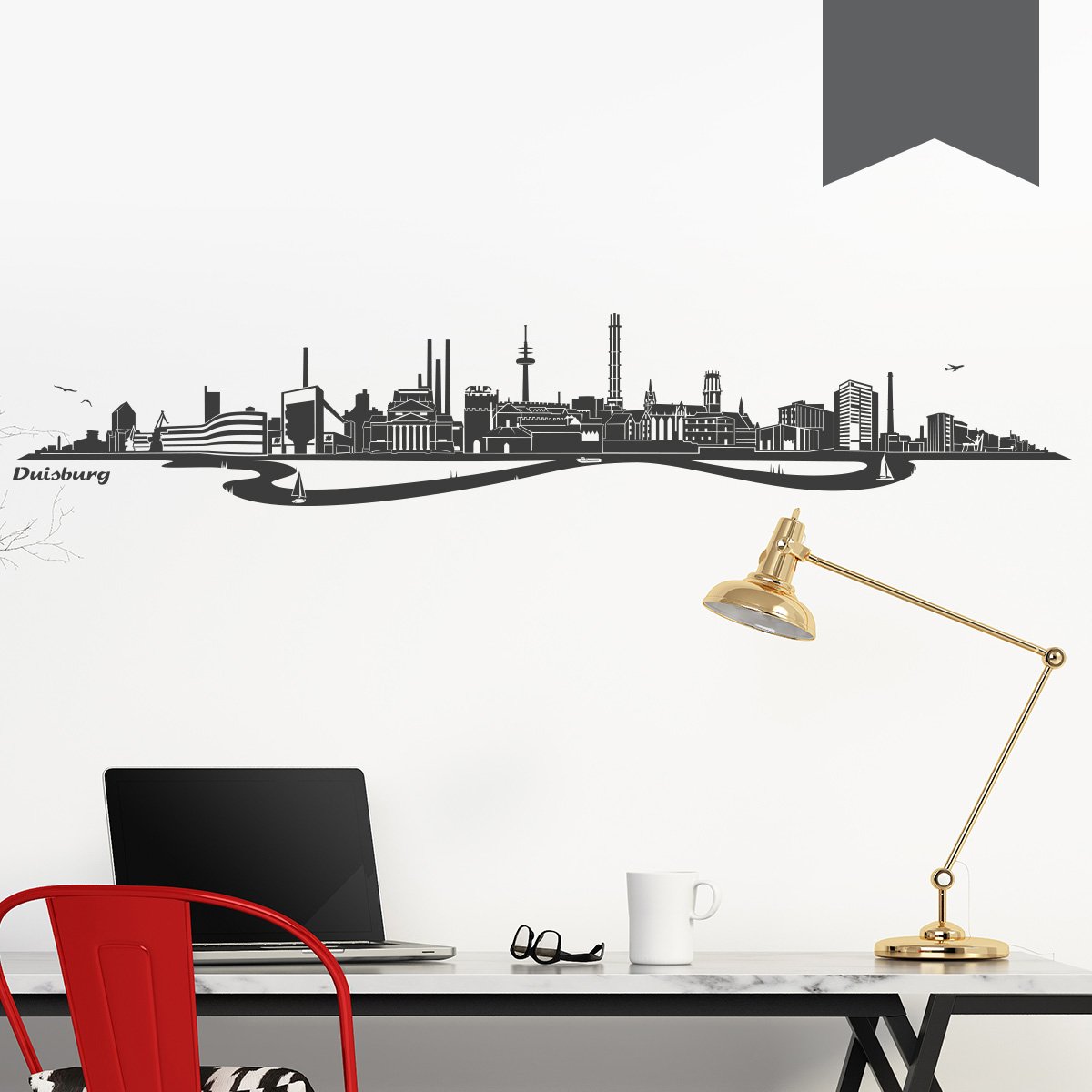 Wandtattoo - Skyline Duisburg (mit Fluss) - 300 x 55 cm - Dunkelgrau - Wähle aus 6 Größen & 35 Farben