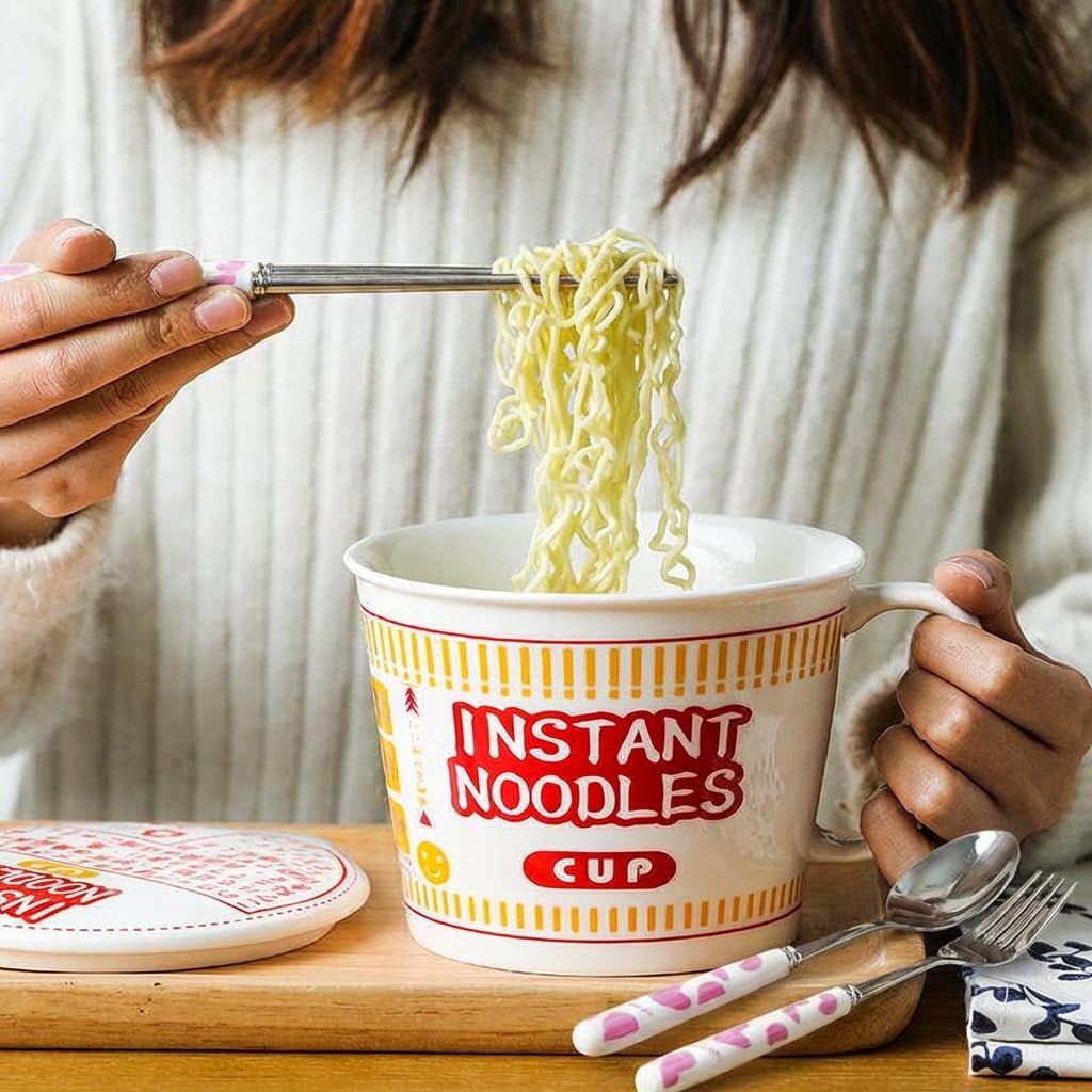 Tazón de Fideos Ramen Cuenco de Cerámica para Ramen con Tapa 1000ml Cuenco Fideos Instantáneos con Set de Cuchillo Tenedor y Cuchara Tazón de Sopa con Asa para Ramen Pasta Ensaladas Snacks