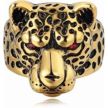 Gold Leopard Head Ring, Hip Hop Leopard Animal Biker Ring for Men, Black Spotted Leopard Ring Red Eyes Leopard Jewelry, Wild Leopard Head Ring Punk Leopard Head Animal Ring for mens