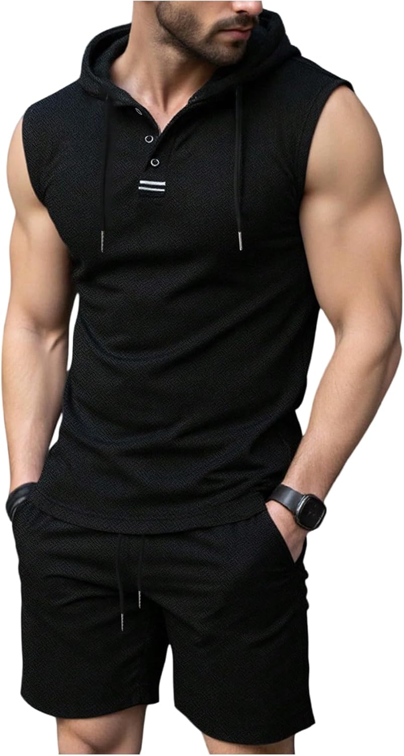 OYOANGLE Men's Sleeveless Workout Hoodie and Shorts Set 2 Piece Outfits Hooded Tank Tops Gym Tracksuit Sweatsuits