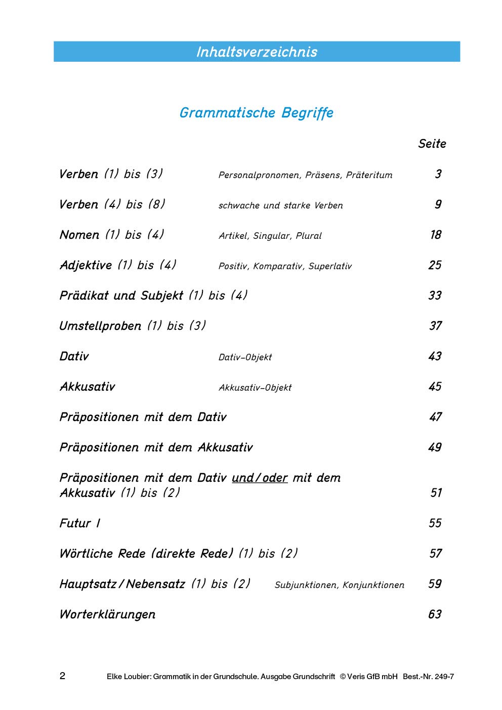 Grammatik in der Grundschule - Übungsheft mit Lernzielkontrollen (Kopiervorlagen): Klasse 3 bis 4