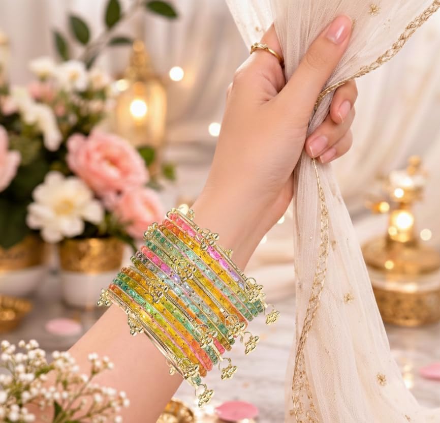 Image of Swara Creations Kashmiri Ghungroo glass Bangles set | Viral Raindrop Multi Set for Women and Girls | Set of 16 Pcs (SKU415)