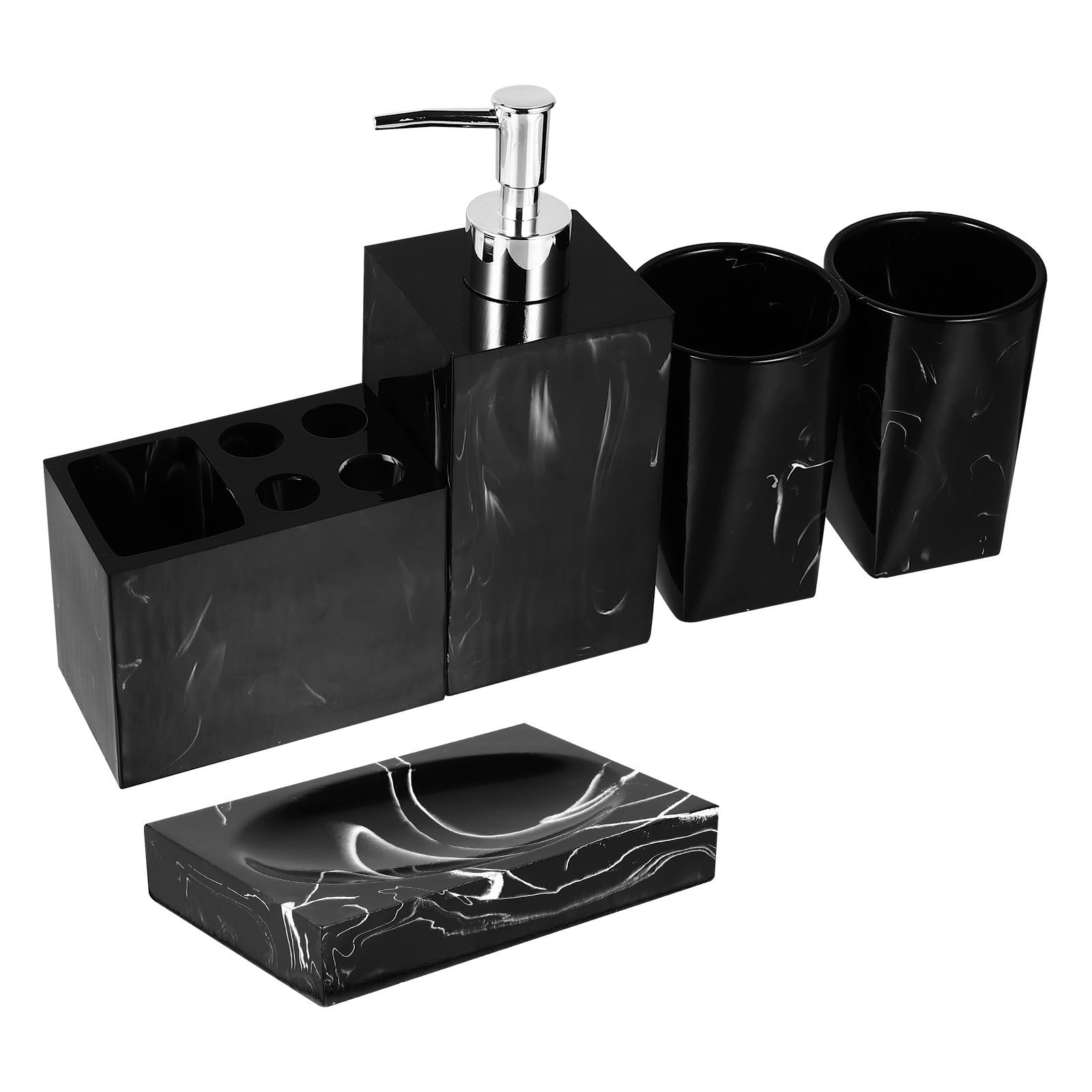 Juego de Accesorios para Baño Incluye Jabonera, Soporte para Cepillo, 2 Vasos para Enjuague y Bandeja de Jabón Negro de Resina Diseño Marmoleado Fácil de Limpiar y Cómodo