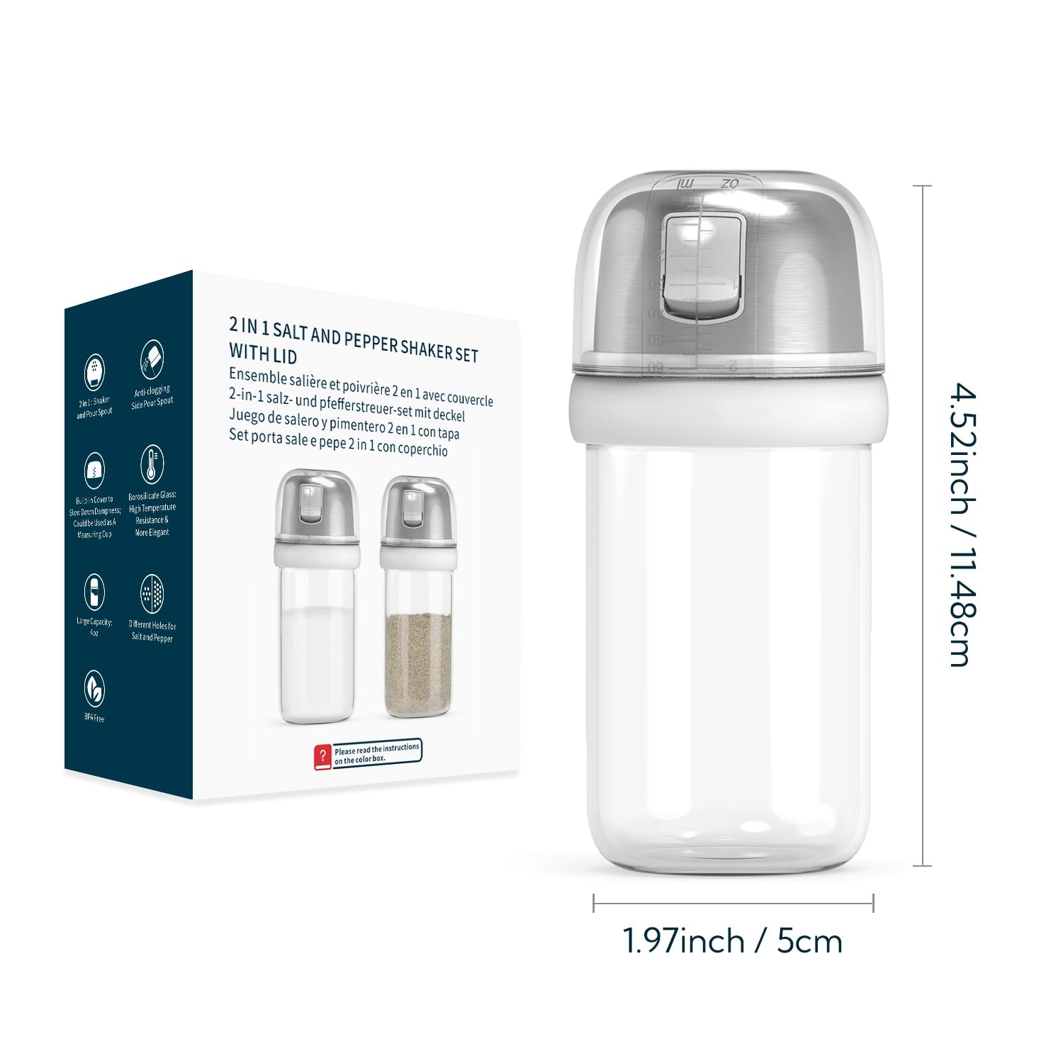 KTCHENDAO - Salero y pimentero 2 en 1 de vidrio con boquilla lateral, tapa integrada para prueba de humedad, elegante dispensador de sal y pimienta de vidrio de borosilicato para cocina, sin BPA, 4