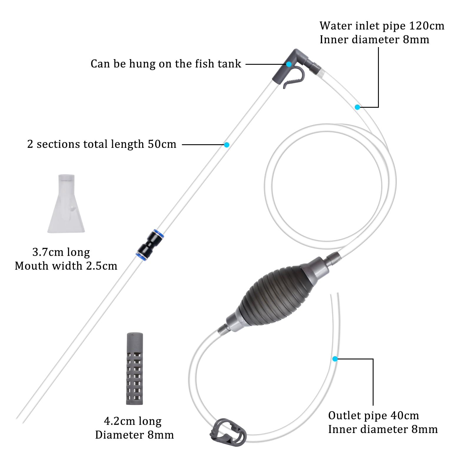 CONNECTION 7 Pcs Fish Tank Water Changer 2.2M Aquarium Siphon Gravel Cleaner Fish Tank Cleaning Kit with 2 Hard Long Tubes Filter Syphon Fixation Clamp for Regular Water Change Filter Sand Clean(Gray) - Image 2