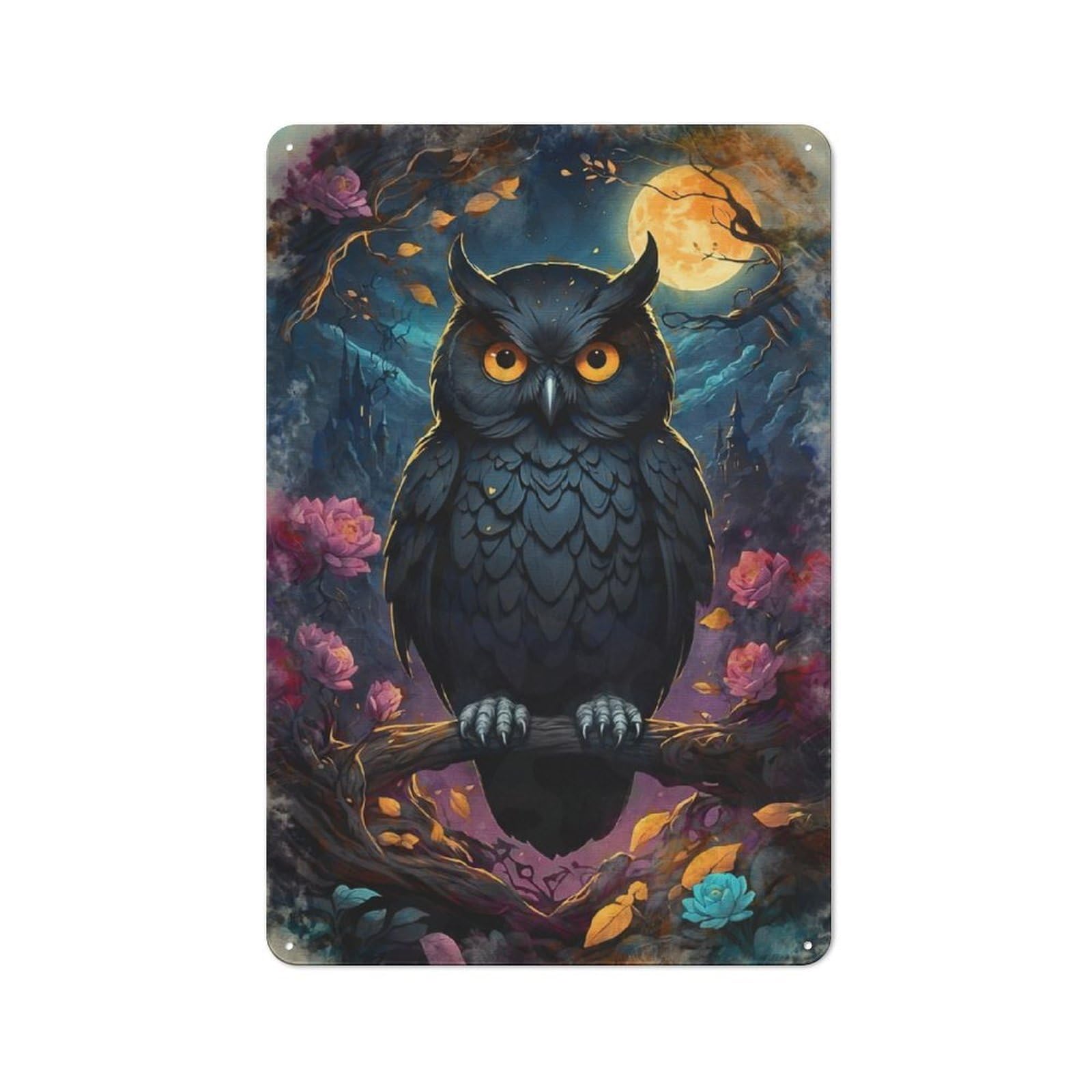 Junmoney Black Owl Under Full Moon For Lounge Or Reading Corner, Rustic Tin Sign 30X20cm, For An Autumn Update To Lounge And Reading Corner