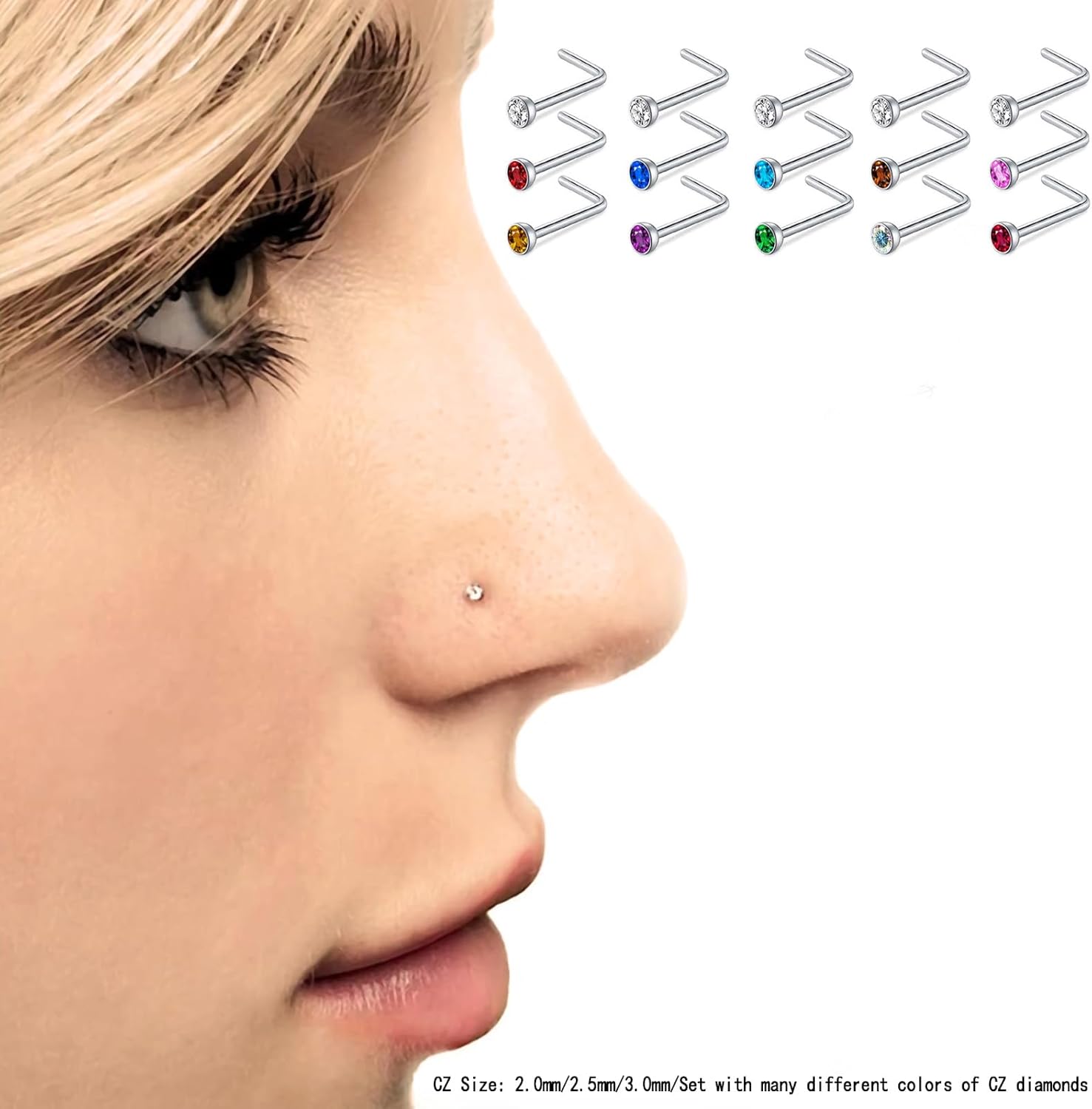 180Pcs 20G Surgical Stainless Steel Nose Rings Hoops Straight/L Shapes Nose Studs 2.0/2.5/3.0mm Cubic zirconia Hypoallergenic Nose Studs Silver Gold Rose Gold Black Rainbow Blue Lip Rings Nose Rings Piercing Jewelry Set for Women Men - Image 4