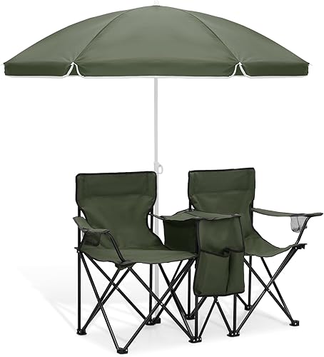 MoNiBloom Silla de campamento plegable de doble asiento con paraguas extraíble para playa, al aire libre, pesca, senderismo, patio, silla de