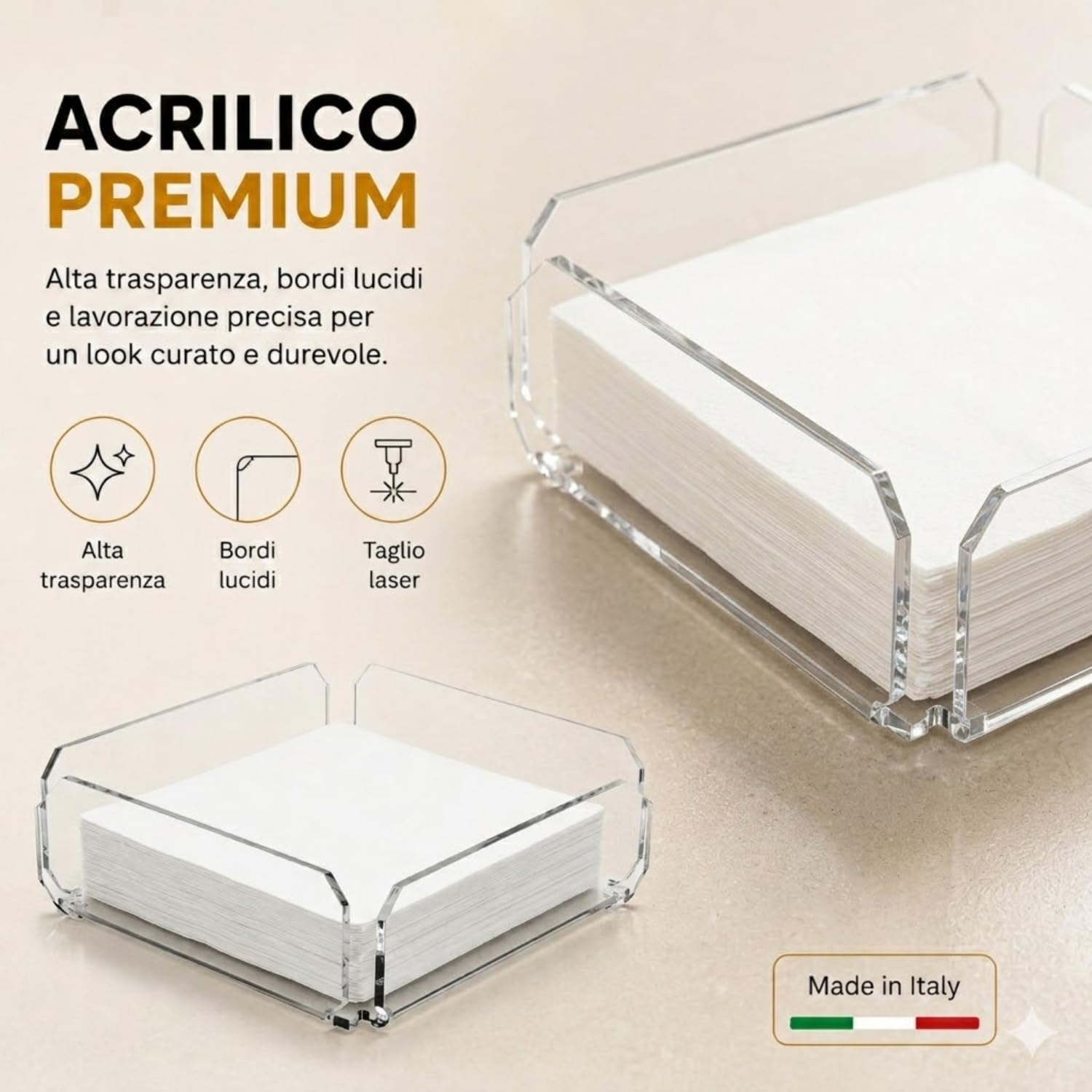 Agplex Portatovaglioli in vetro acrilico trasparente 20,5x 20,5 x5,8 cm, Porta tovaglioli da tavola design moderno - Made in Italy