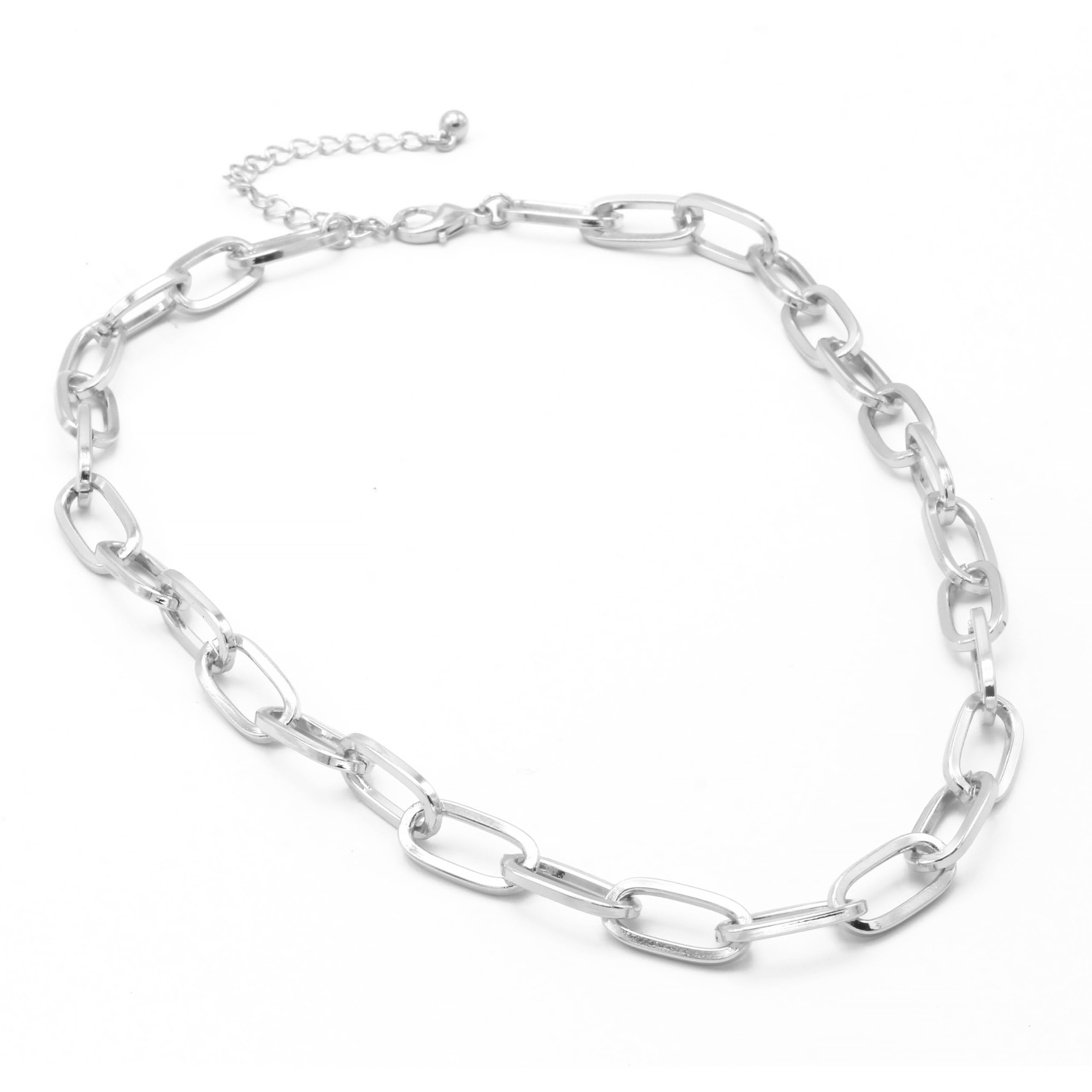 TAZZA Silver Rectangle Link Chain Necklace #HNN90529SL (OE10/HE9) for Women Ladies Dainty and Chunky Chain Link Paperclip Jewelry Set