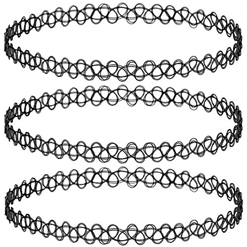 GIRLPROPS Set of 3 Stretch Tattoo Choker Necklace Hippie Popular in The 80S 90S, Set of 3 in Black