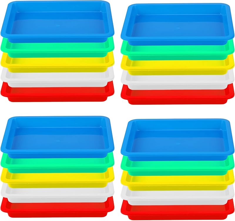 20 bandejas pequeñas de plástico para arena artística, multicolor, color clásico | Bandeja sensorial de actividad apilable, organizador de manualidades para mezclar pintura, accesorios para servir pintura DIY, 9,65 x 7,28 x 0,9 pulgadas