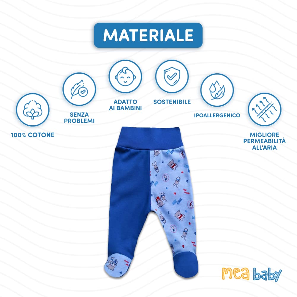 MEA BABY Pantaloni Stampati per Neonati con Piede | 100% Cotone | Unisex | Pantaloni per Bambine e Bambini | Tutine per Neonati | Multipack di 5 Pezzi di Pantaloni con Piede
