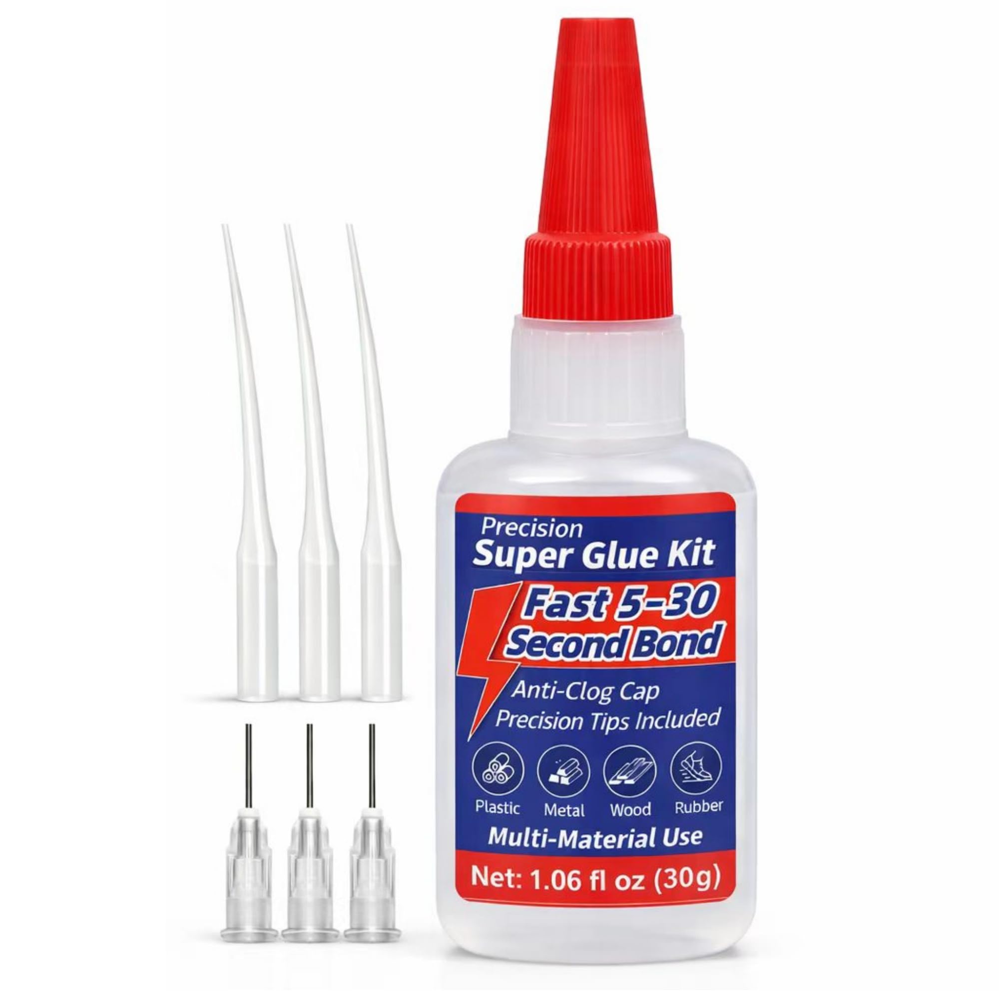 Photo 1 of Precision Super Glue Kit, 1.06 fl oz (30g) — CA Glue with Anti-Clog Cap, 3 Metal Applicator Tips & 3 Extension Tubes — Fast-Setting Instant Adhesive for Plastic, Metal, Ceramic, Wood, Rubber & DIY