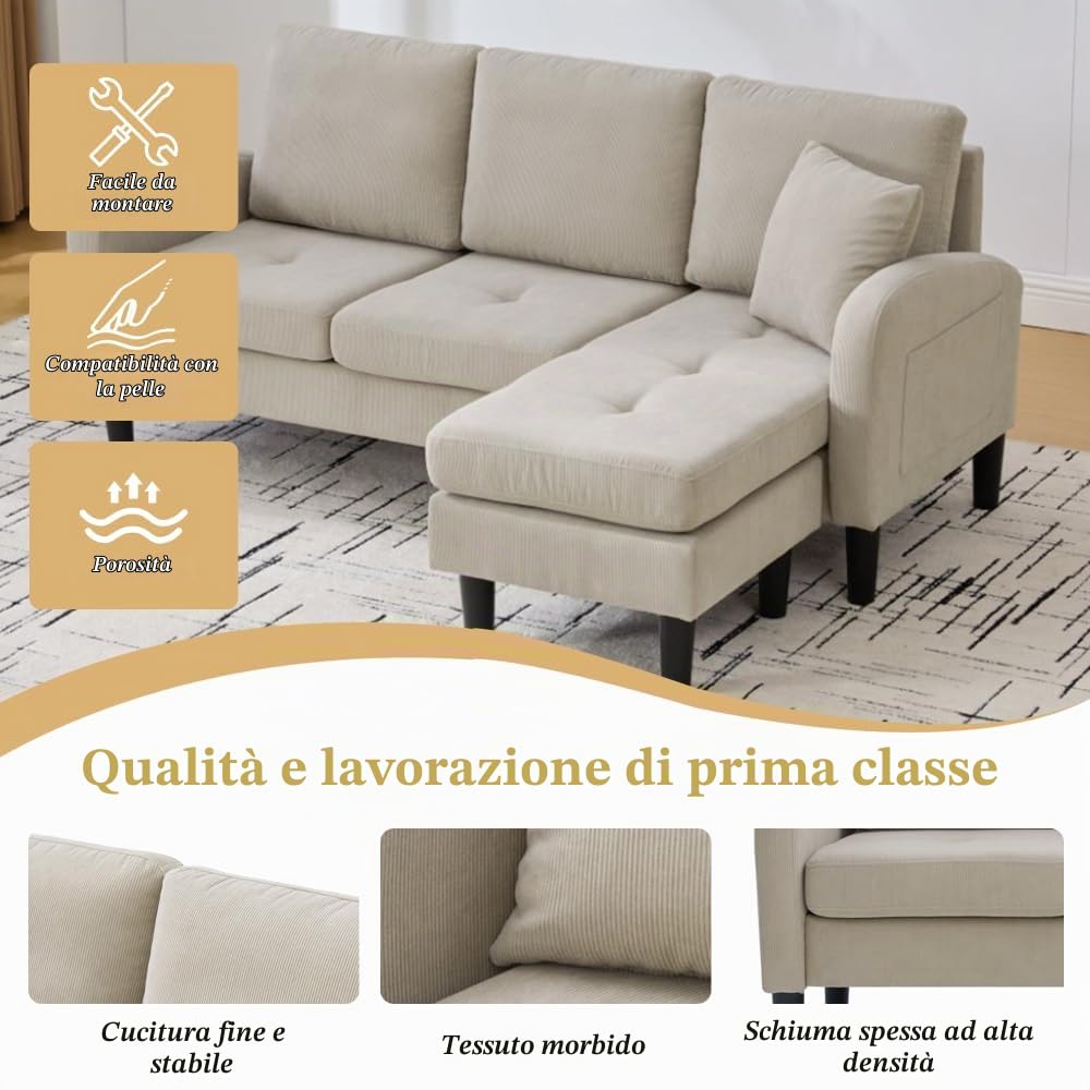 Divano angolare a L con chaise longue, tre posti, 166 x 118 x 77 cm, tessuto in velluto a coste traspirante, gambe in plastica, design modulare, ideale per il soggiorno (Marrone chiaro)