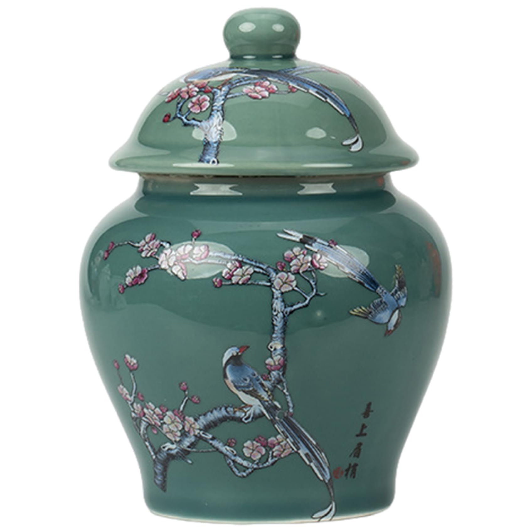 NASSMOSSE Green Ceramic Chinese Ginger Jar Vase Chinoiserie Decorative Jar with Leakproof Lid for Home