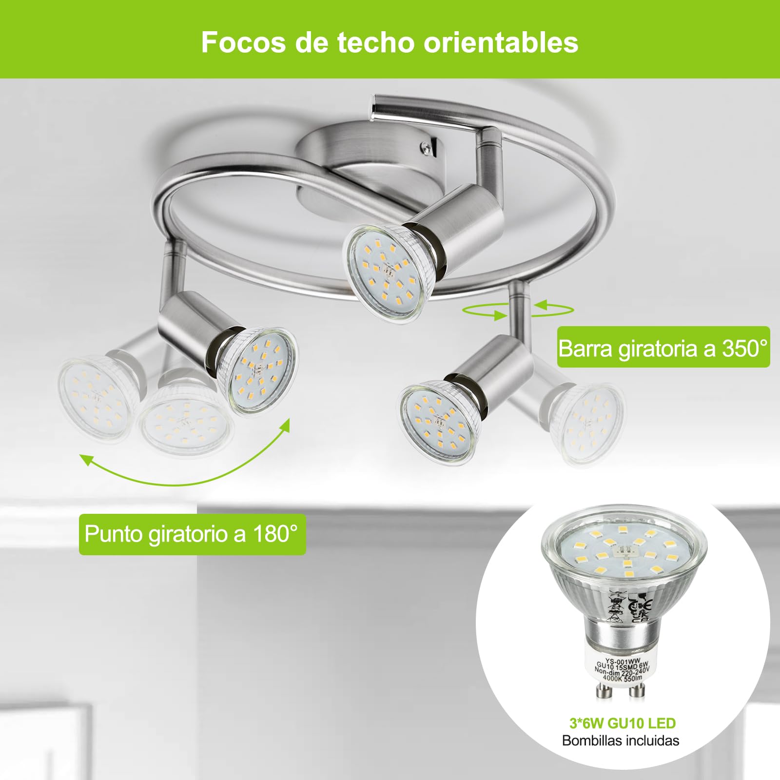 Bojim Lampara de Techo LED con 3 Focos, Aplique Comedor Interior Orientable Light, incl. 3 X 6W GU10 Blanco Natural Luces Lámpara, Luz Barra Pared Plafon Ceiling para Baño Pasillo Cocina, Níquel Mate